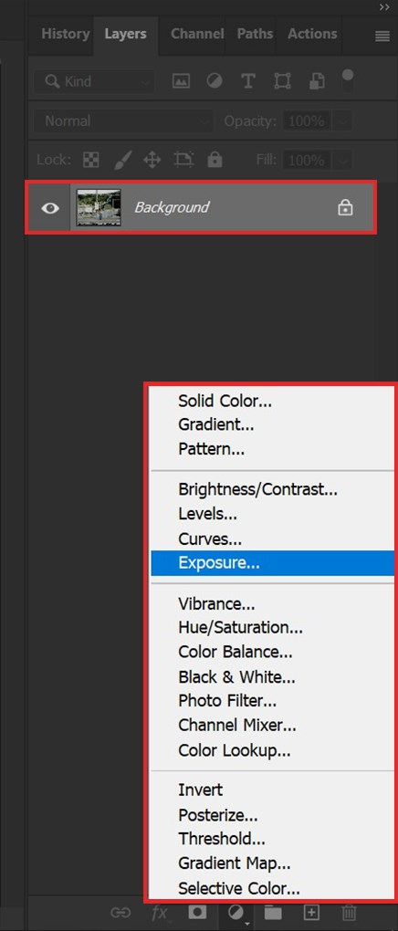 Chọn công cụ Exposure bằng icon Adjustments Layer theo đường dẫn