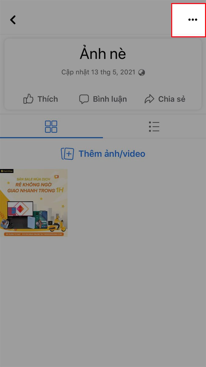 Chọn album ảnh m&agrave; bạn muốn ẩn > Nhấn v&agrave;o biểu tượng 3 dấu chấm ở g&oacute;c tr&ecirc;n b&ecirc;n phải