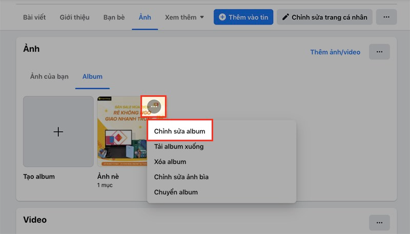 Nhấn v&agrave;o biểu tượng 3 dấu chấm ở g&oacute;c tr&ecirc;n b&ecirc;n phải album ảnh >&nbsp;Chọn Chỉnh sửa album