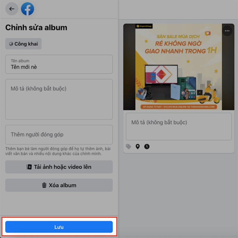 Chọn đối tượng m&agrave; bạn cho ph&eacute;p xem ảnh > Chọn Lưu