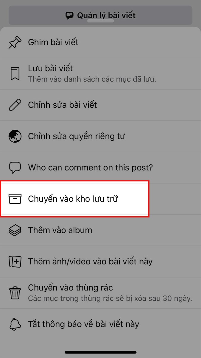 Chọn Chuyển vào kho lưu trữ