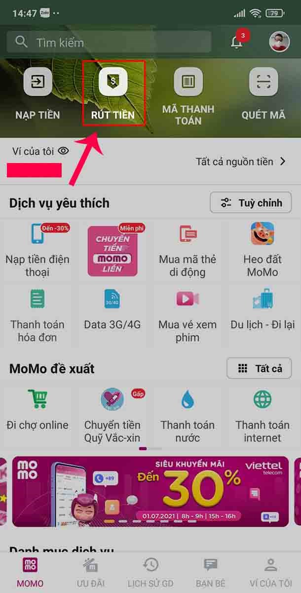 Bạn chọn vào Rút tiền.