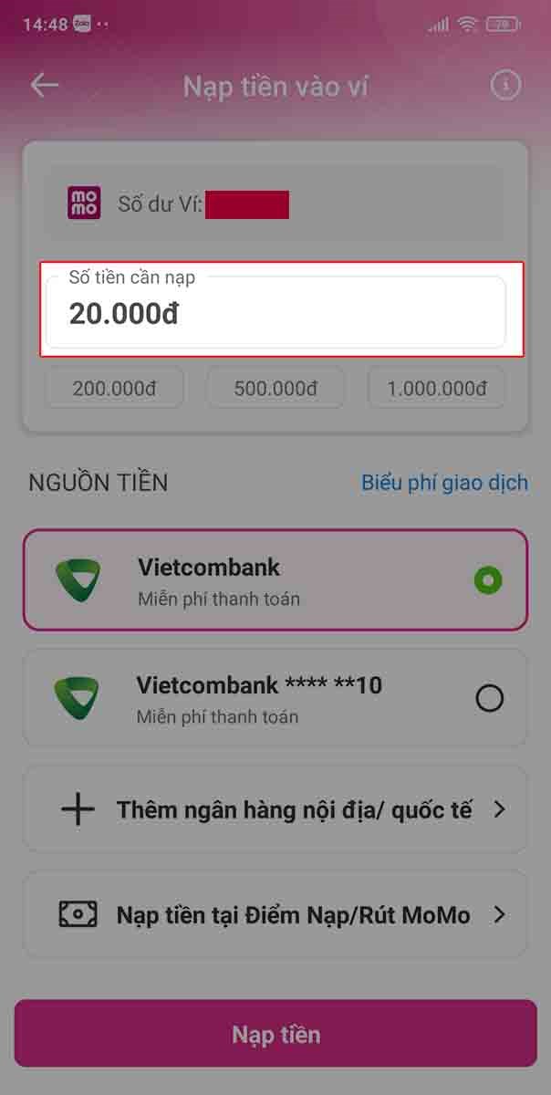 Bạn nhập số tiền cần nạp.