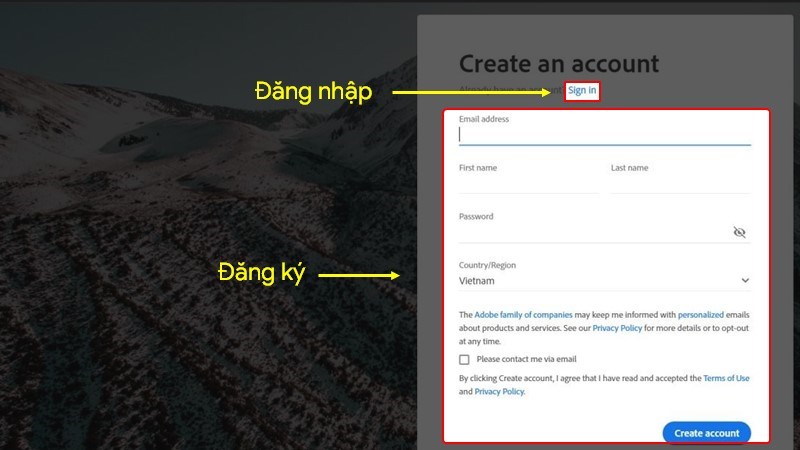 Đăng nhập hoặc đăng ký tài khoản Adobe