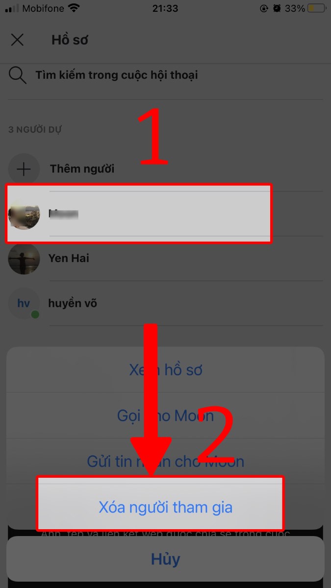 Chọn t&ecirc;n th&agrave;nh vi&ecirc;n tham dự v&agrave; nhấn X&oacute;a người tham gia
