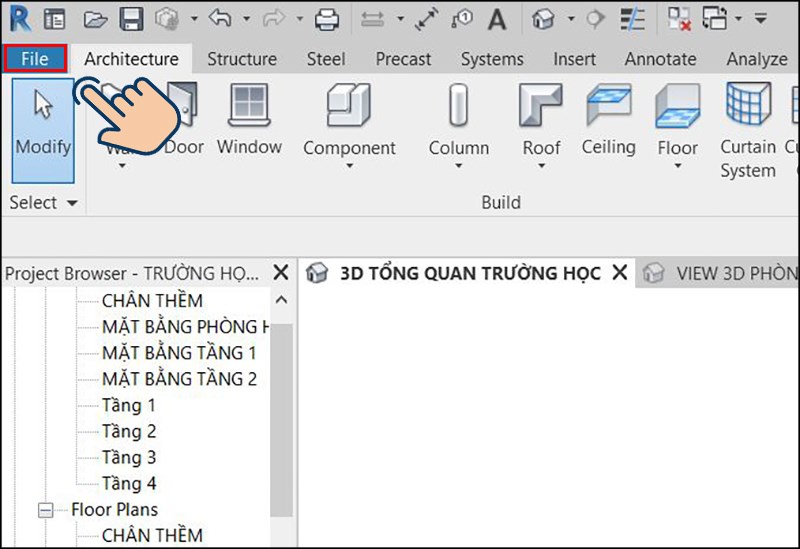 Đầu tiên tại file Revit bạn muốn xuất sang Sketchup, bạn hãy chọn vào File.