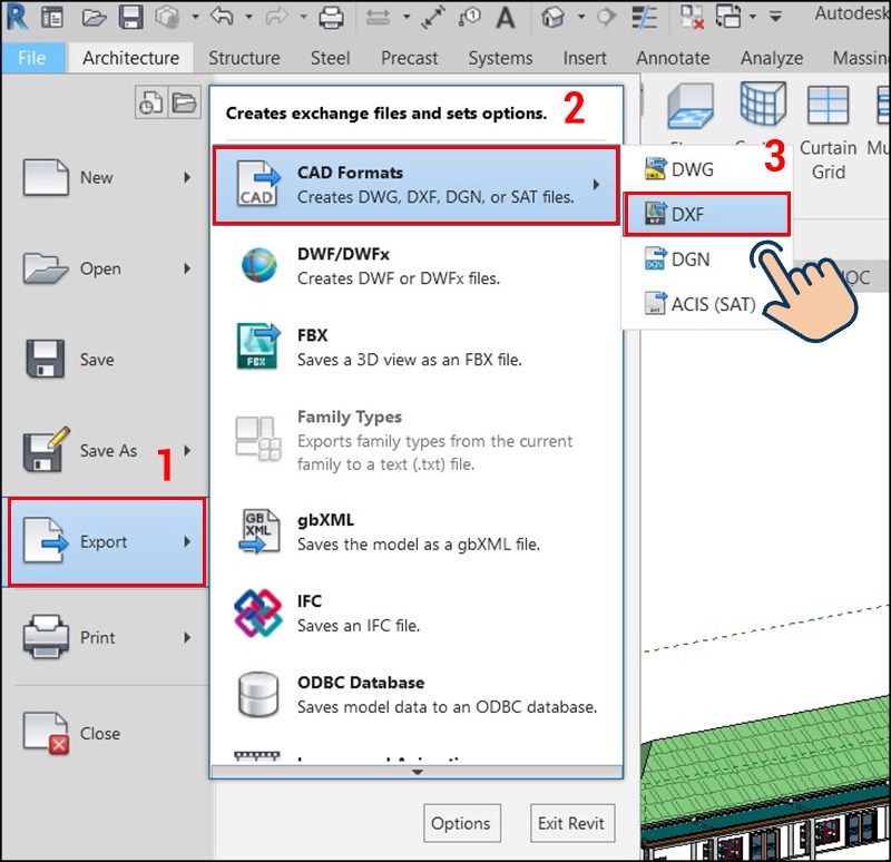 Sau đó bạn hãy chọn vào Export, nhấn vào CAD Formats và cuối cùng là DXF.