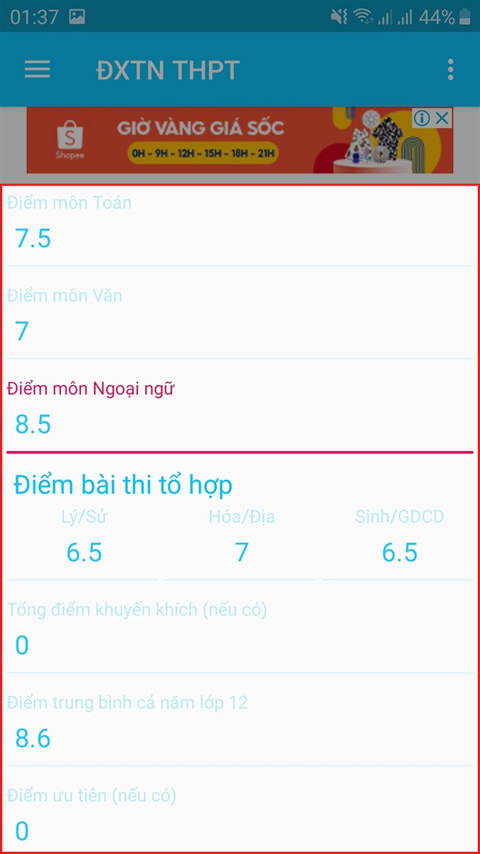 Nhập điểm của c&aacute;c m&ocirc;n thi, tổng điểm khuyến kh&iacute;ch, điểm trung b&igrave;nh cả năm lớp 12, điểm ưu ti&ecirc;n