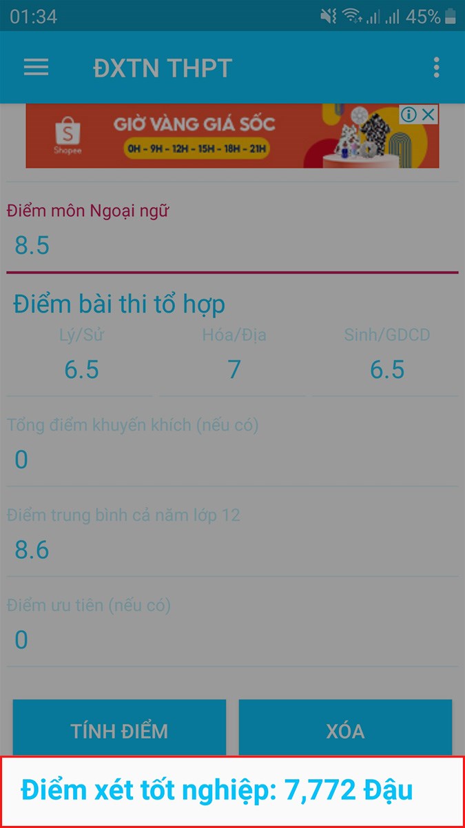 Kết quả sau khi nhập v&agrave; t&iacute;nh điểm