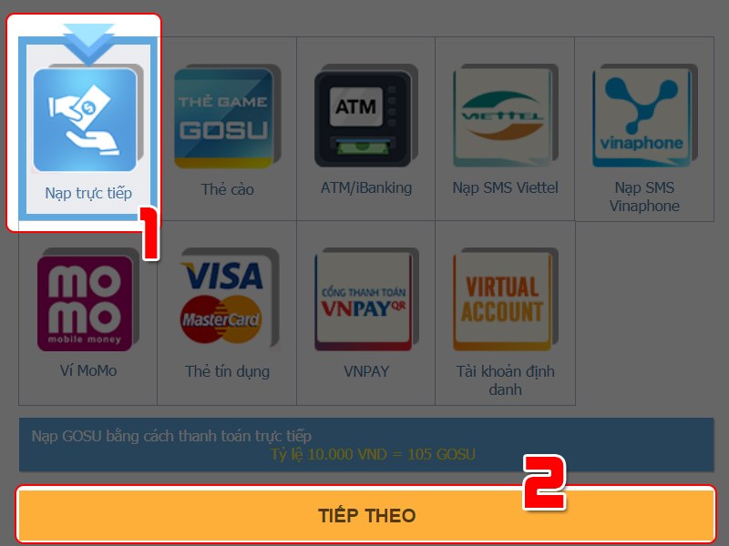 Chọn phương thức thanh to&aacute;n nạp trực tiếp