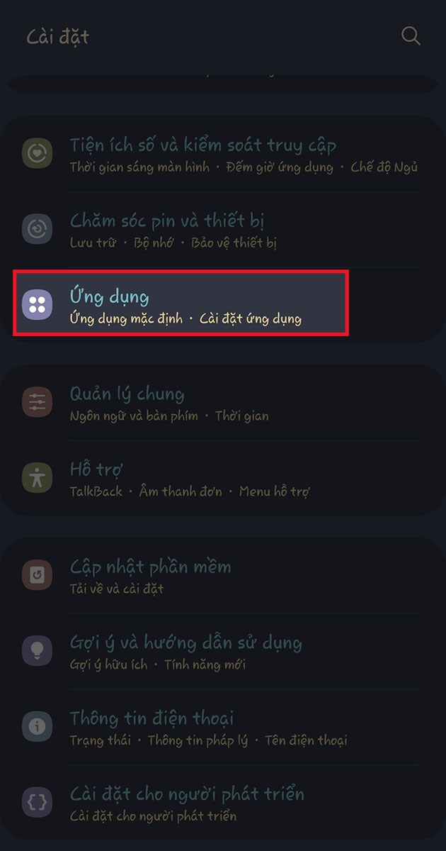 Vào mục ứng dụng trong phần cài đặt
