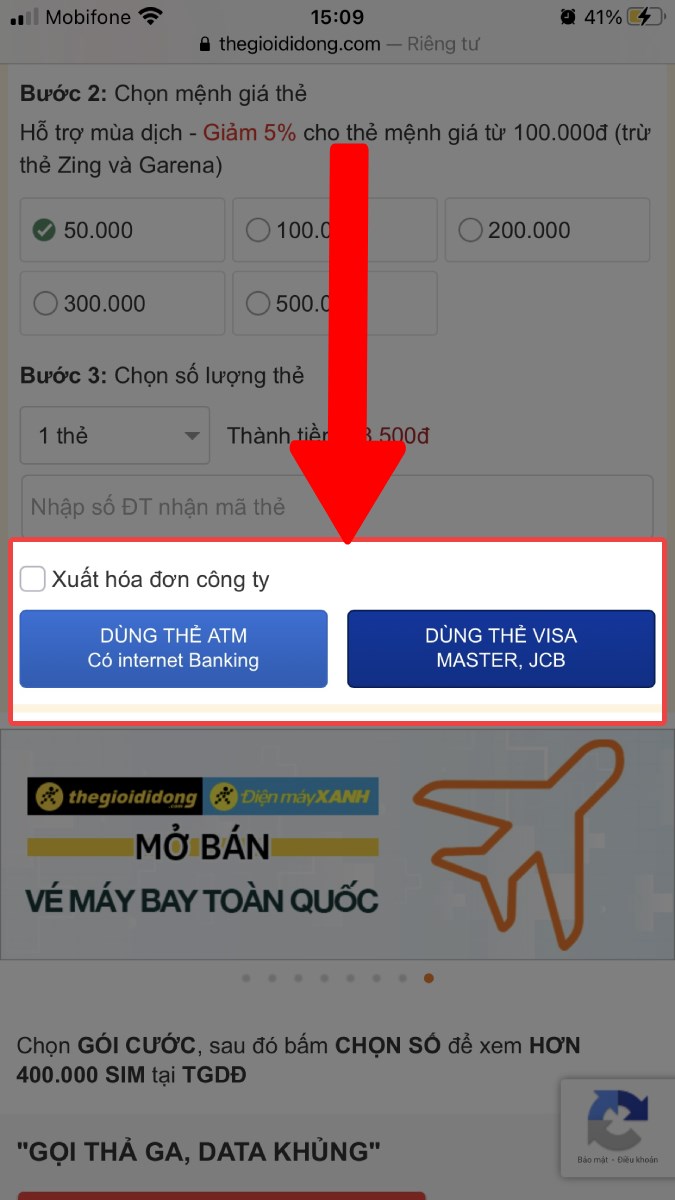 Chọn Xuất hóa đơn công ty và Dùng thẻ ATM có internet banking/Dùng thẻ Visa Master, JCB