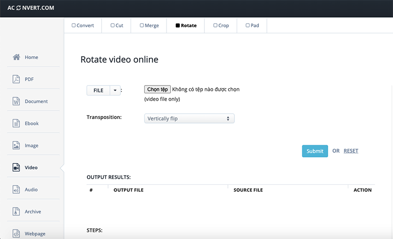 Phần mềm xoay video online - aconvert.com