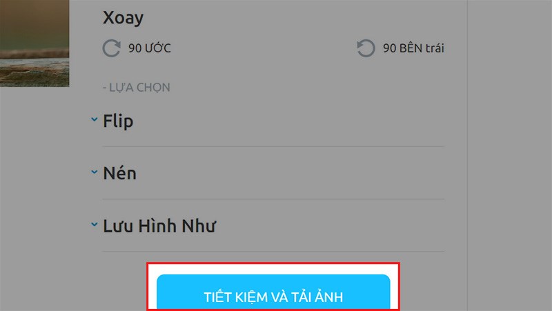 Chọn TIẾT KIỆM VÀ TẢI ẢNH để tải ảnh về máy