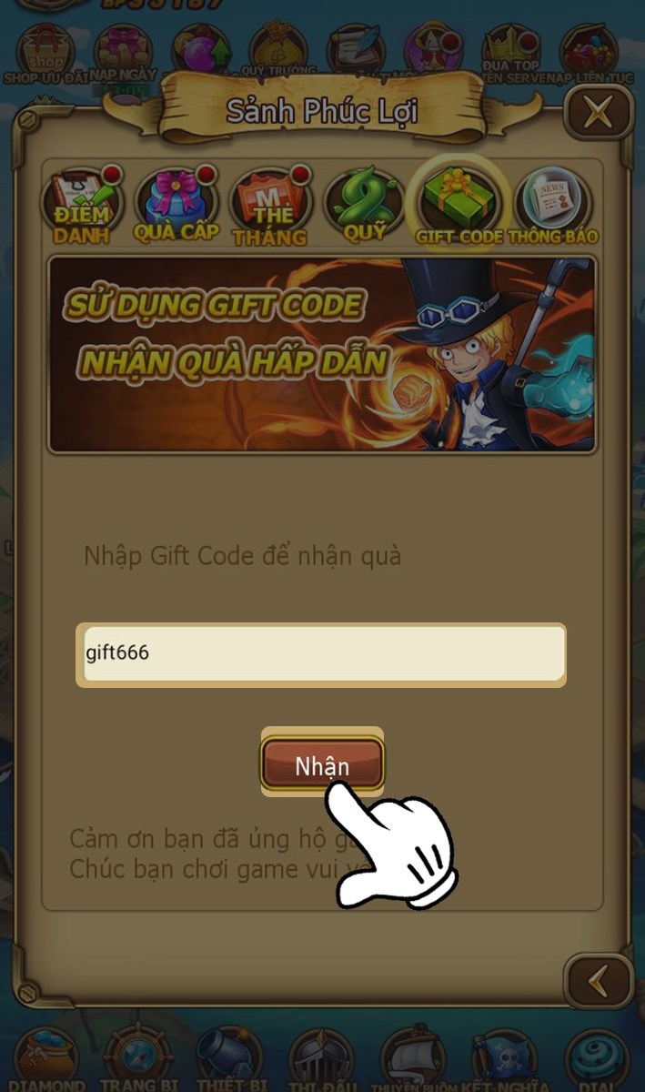 Nhập code và nhấn Nhận Nhập code và nhấn Nhận