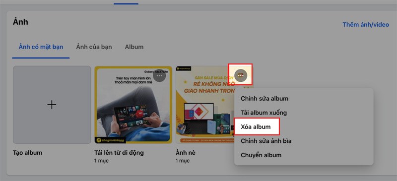 Nhấn vào biểu tượng 3 dấu chấm ở góc trên bên phải album > Chọn Xóa album