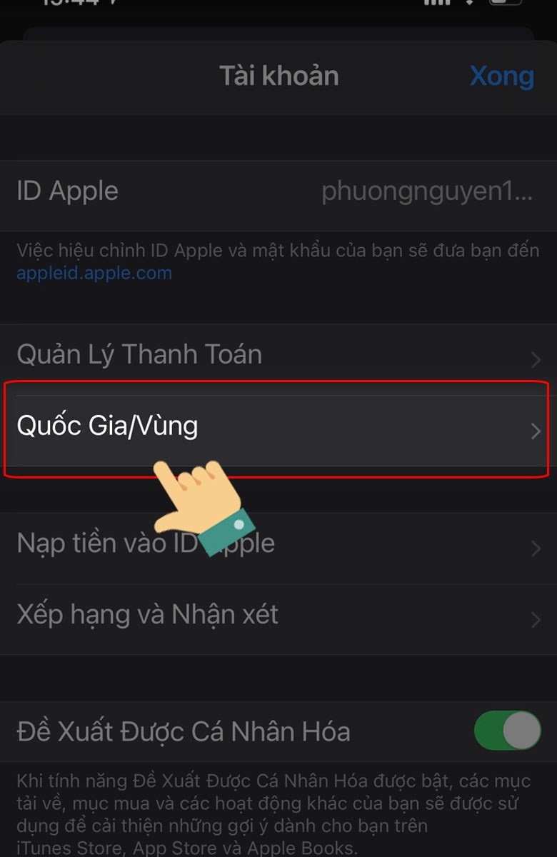 Nhấn chọn mục Quốc gia/Vùng