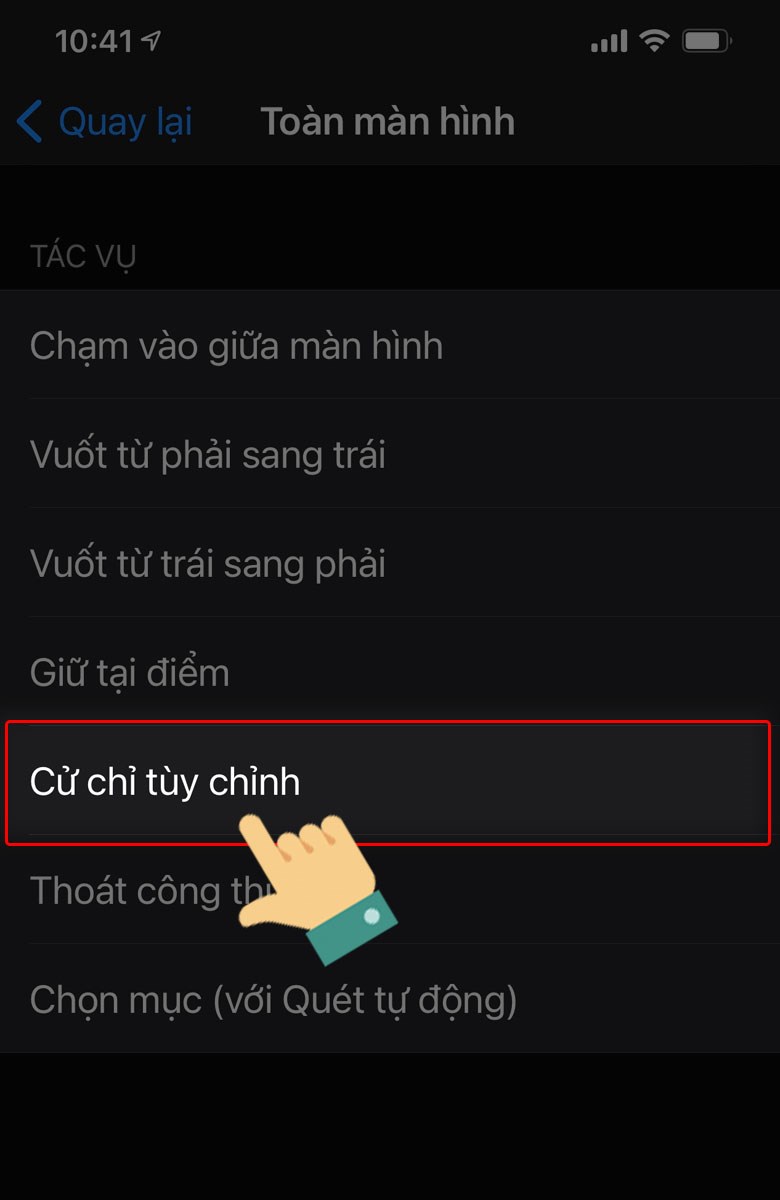  Chọn mục Cử chỉ tùy chỉnh