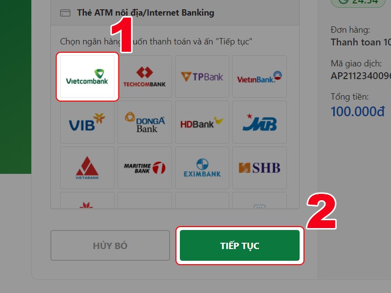 Chọn ng&acirc;n h&agrave;ng để thanh to&aacute;n