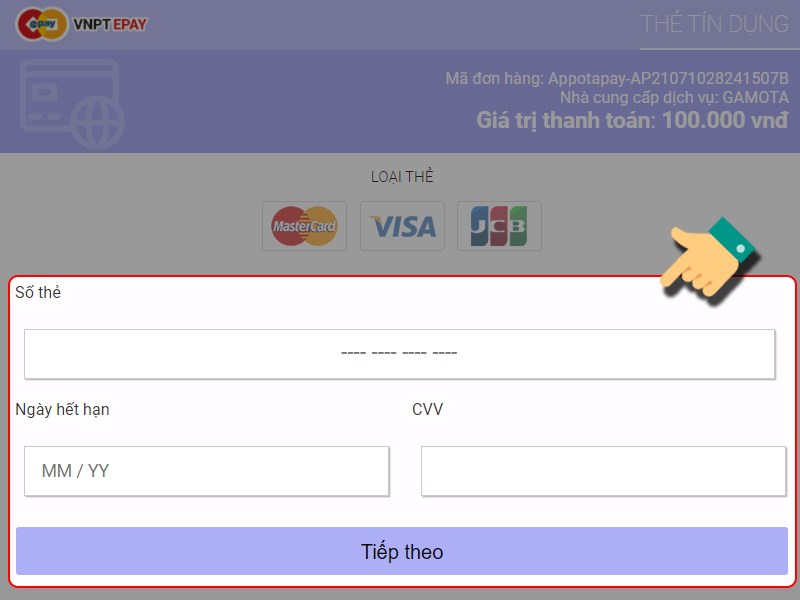 Nhập th&ocirc;ng tin thẻ t&iacute;n dụng để thanh to&aacute;n