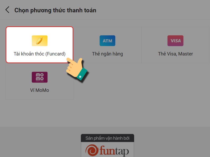 Chọn nạp bằng Tài khoản thóc 