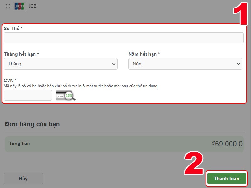 Nhập thông tin thẻ tín dụng để thanh toán