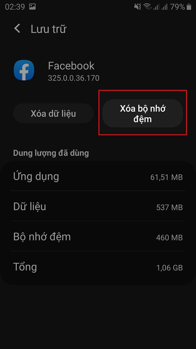 Sau đó, chọn Xóa bộ nhớ đệm