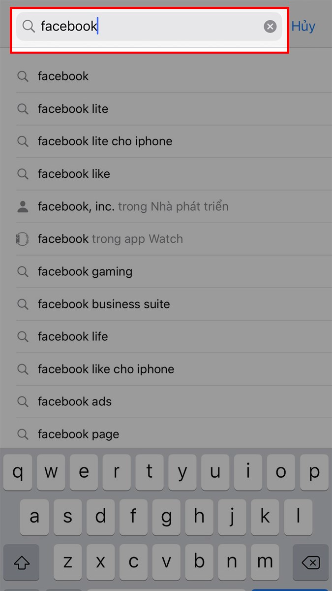 Nhấn vào khung tìm kiếm > Nhập Facebook