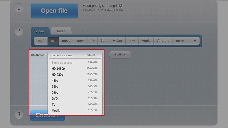 Tại mục Resolution, bạn chọn chất lượng độ phân giải của video đầu ra