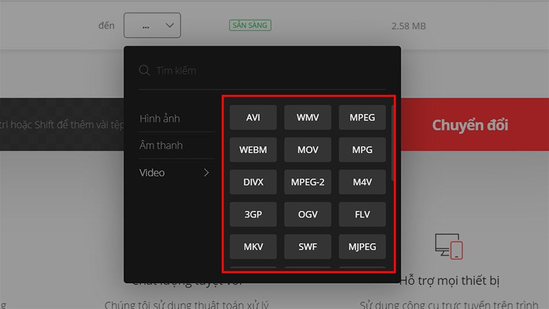 Tiến hành lựa chọn định dạng video muốn chuyển đổi