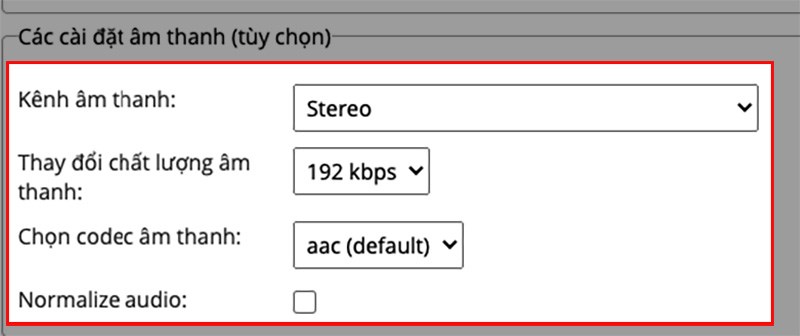 ạn có thể thay đổi kênh âm thanh, thay đổi chất lượng âm thanh, chọn codec âm thanh