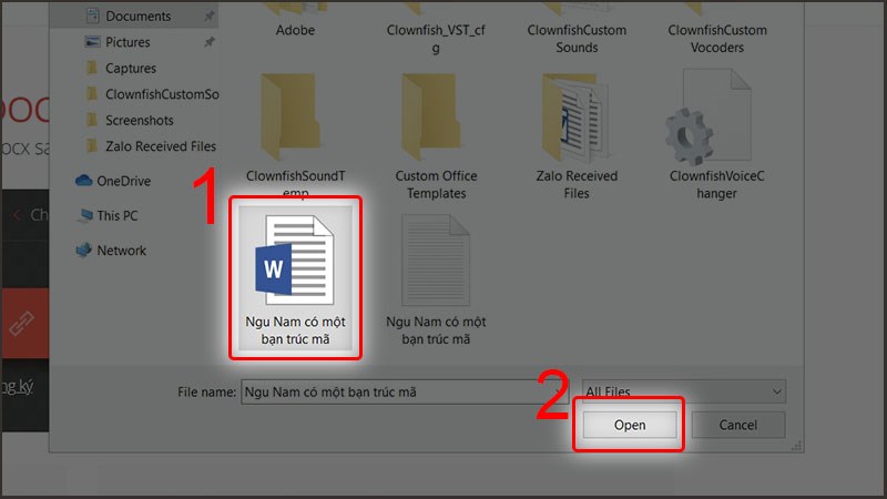 Lựa chọn file Word và nhấn Open để mở tệp tin