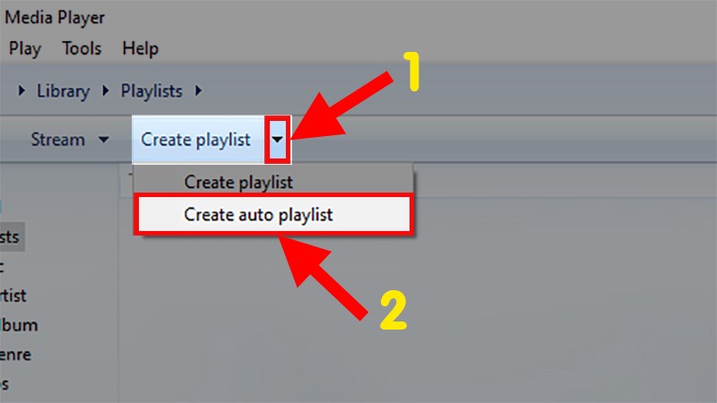 Nhấn v&agrave;o mũi t&ecirc;n b&ecirc;n cạnh chỗ Create Playlist như trong h&igrave;nh > Chọn Create Auto Playlist