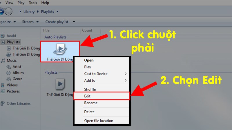 nhấn chuột phải v&agrave;o danh s&aacute;ch ph&aacute;t tự động đ&atilde; được tạo > Chọn Edit v&agrave; thực hiện chỉnh sửa