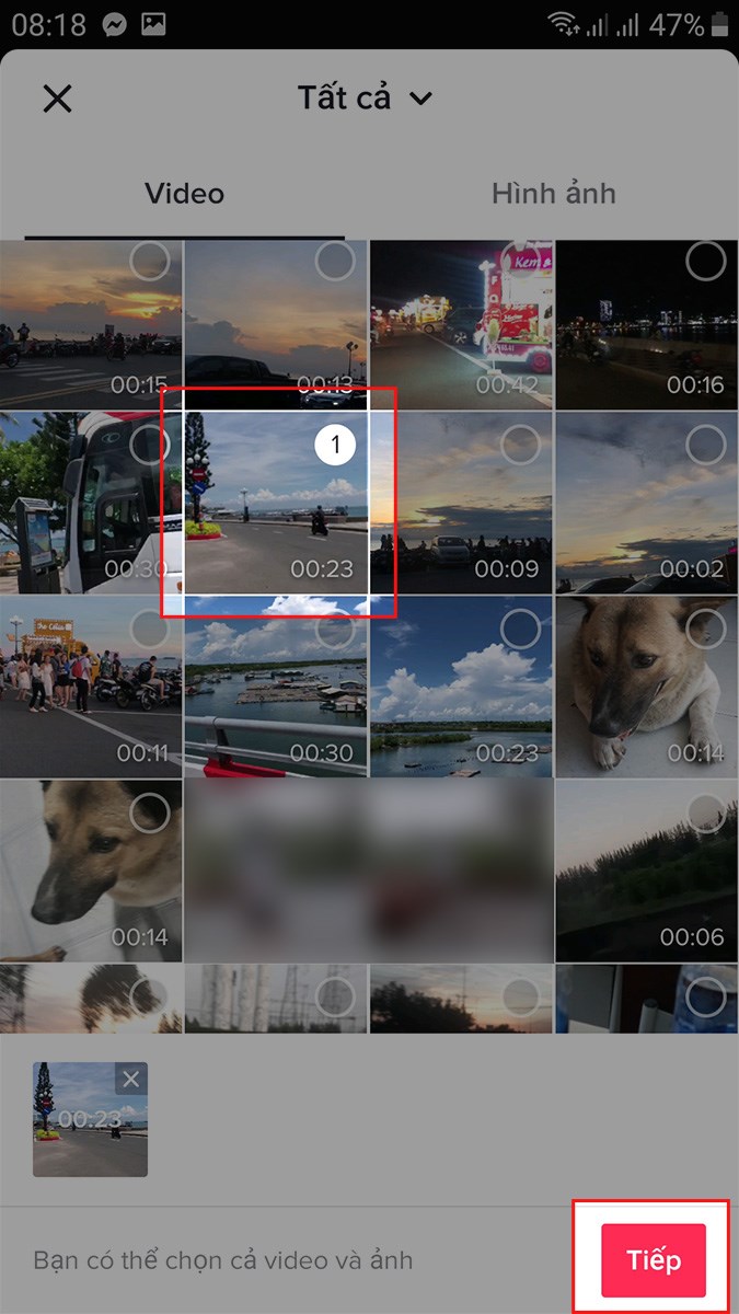 Chọn video mà bạn muốn chèn chữ > Nhấn Tiếp Chọn video mà bạn muốn chèn chữ > Nhấn Tiếp
