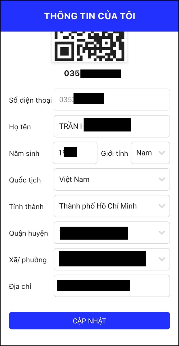 Điền thông tin và nhấn Cập nhật