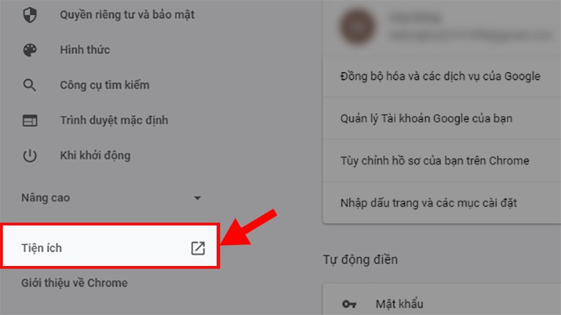 Ở danh mục b&ecirc;n tr&aacute;i > Chọn Tiện &iacute;ch (Extensions)