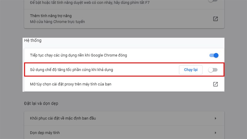 Đi đến phần Hệ thống (System)&nbsp;> Gạt thanh trạng th&aacute;i ở phần Sử dụng chế độ tăng tốc phần cứng khi khả dụng (Use hardware acceleration when available) đến khi th&agrave;nh m&agrave;u x&aacute;m như h&igrave;nh