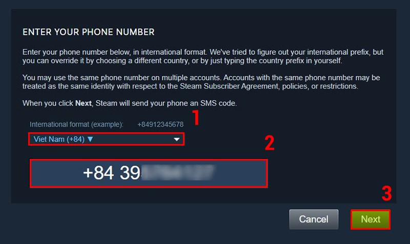 Chọn mã vùng Việt Nam, nhập số điện thoại bạn vào ô và nhấn Next.