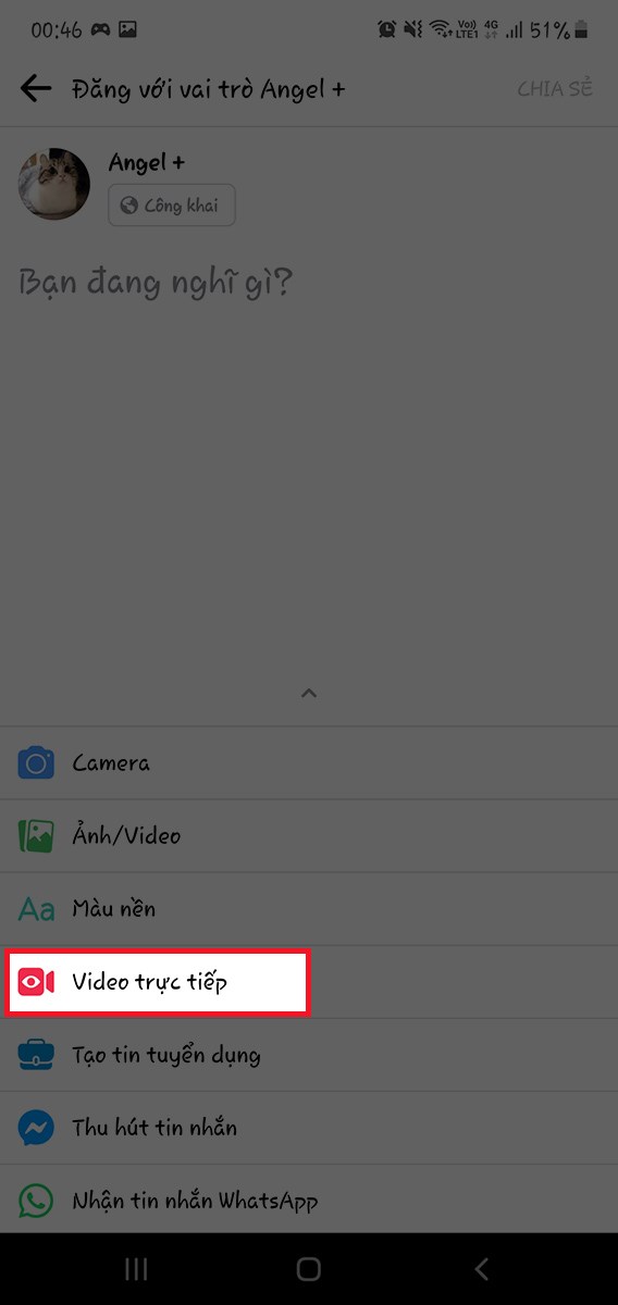 chọn Video trực tiếp để Live Stream