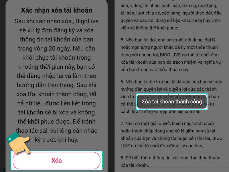 Xóa thành công tài khoản
