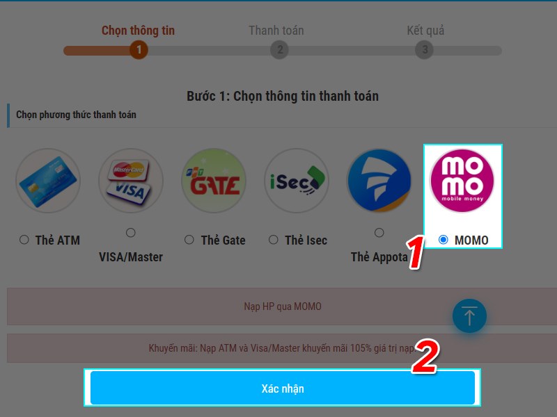 Chọn hình thức thanh toán ví Momo