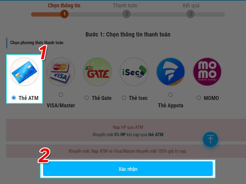 Chọn hình thức thanh toán ATM