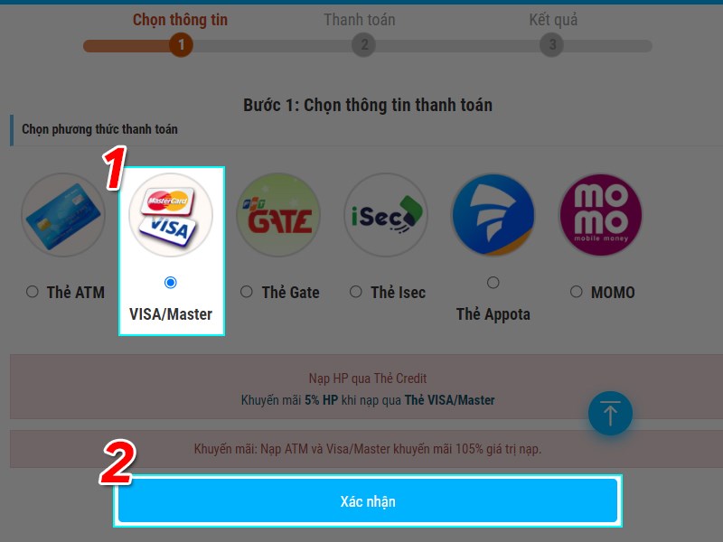 Chọn phương thức thanh toán thẻ Visa