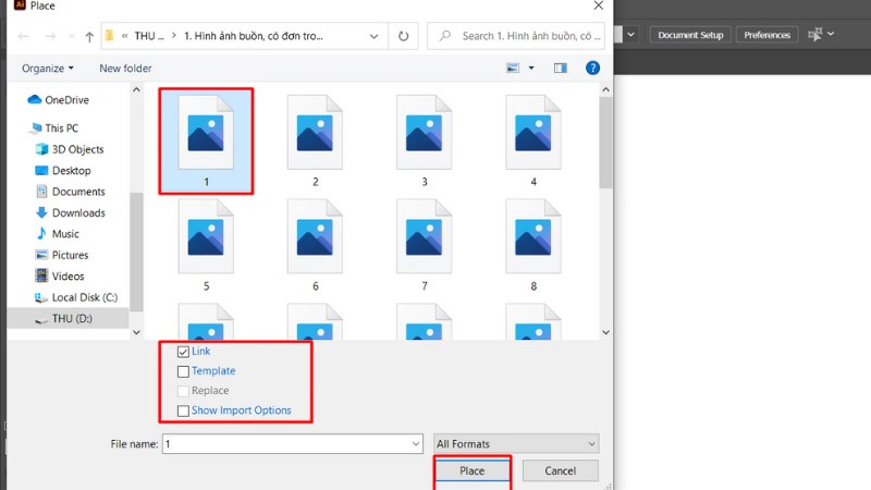 Trên thanh menu -> Chọn File -> Chọn Place. Sau khi hộp thoại chứa thư mục hiện ra, bạn chọn hình ảnh cần thêm, chọn Place.