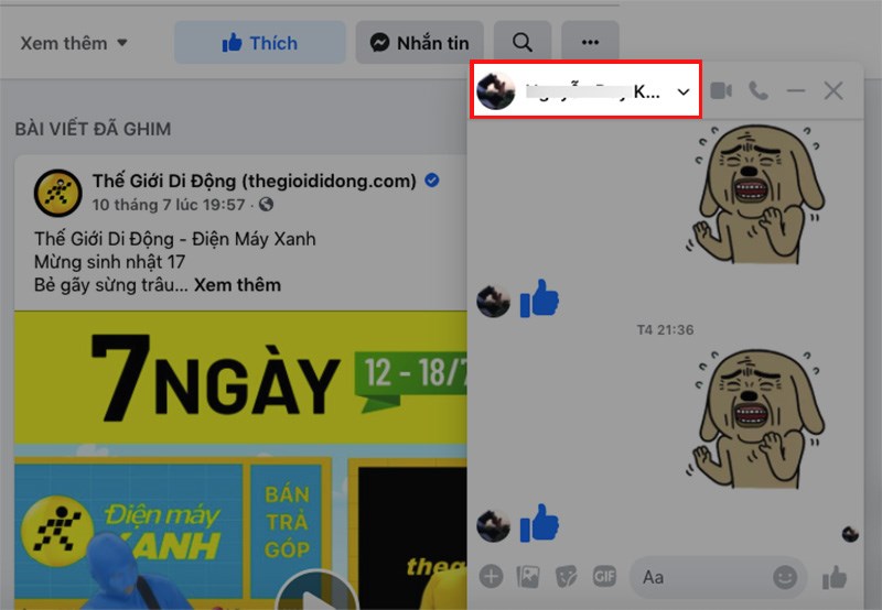 Nhấn v&agrave;o t&ecirc;n Facebook của bạn b&egrave; trong đoạn chat