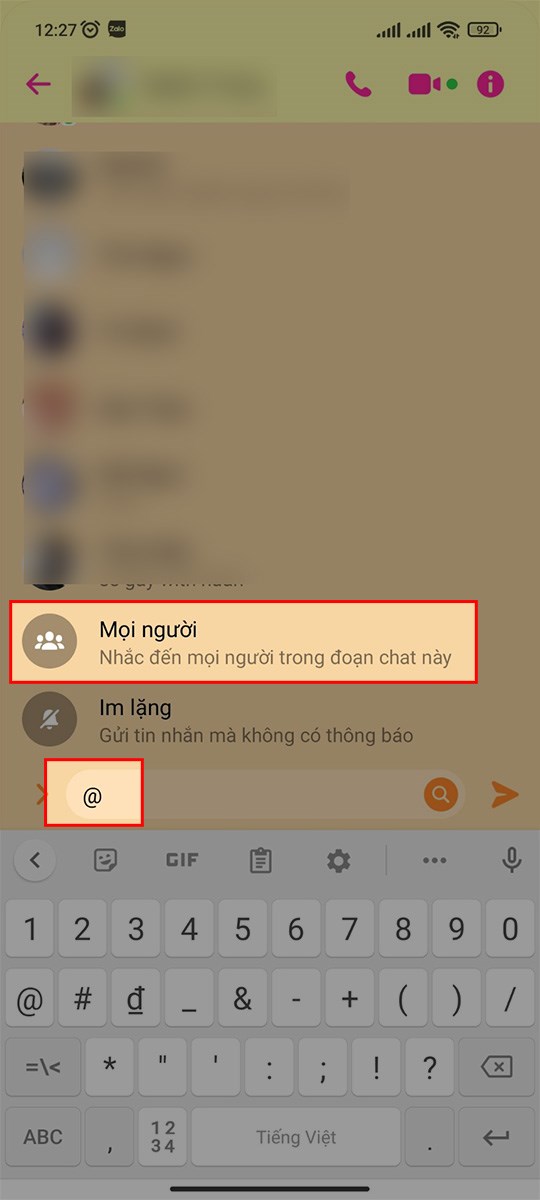 Nhập @ tại ô soạn tin nhắn > Chọn Mọi người bên dưới tên các thành viên