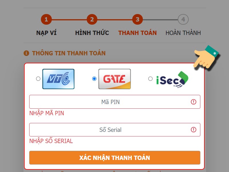 Chọn loại thẻ và nhập thông tin thẻ cào để thanh toán