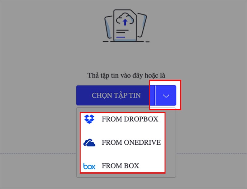 Nhấn vào biểu tượng mũi tên, chọn tải ảnh lên trang web thông qua URL, Dropbox hoặc Google Drive
