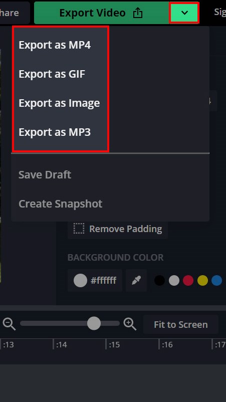 Nhấn vào biểu tượng mũi tên tại mục Export Video và lựa chọn định dạng bạn muốn lưu